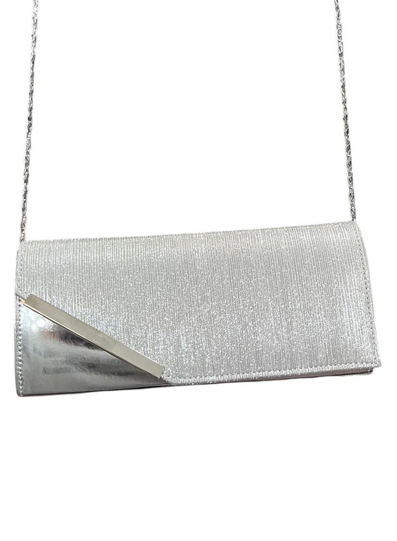 Elegant Women Soiree Handbag Shiny Design Chain Shoulder Strap Evening Bag silver - Image 2